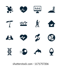 Life icon. collection of 16 life filled icons such as plant, baby carriage, heartbeat, heart tag, egg, eco house, caveman. editable life icons for web and mobile.