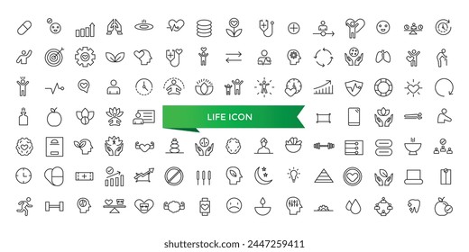 Life icon collection. Related to lifespan, soul, vitality, life insurance, wellness, existence, pulse, harmony and more. Line vector icons set.