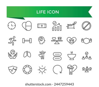 Life icon collection. Related to lifespan, soul, vitality, life insurance, wellness, existence, pulse, harmony and more. Line vector icons set.