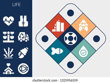 life icon set. 13 filled life icons.  Simple modern icons about  - Lifebuoy, Home, Fish, Seaweed, Seashell, Balance, Eco, Cardiogram, Lifejacket, Hermit crab, Homeless, Blood