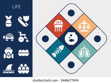 life icon set. 13 filled life icons.  Simple modern icons about  - Fishbowl, Shark, Eggs, Gas mask, Turtle, Wheelchair, Plant, Insurance, Balance, Jellyfish, Fishbone, Lungs