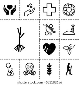 Life icon. set of 13 filled and outline life icons such as sprout, hands holding heart, heartbeat, caveman, hand with seeds, leaf, medical cross, pregnant woman, lifebuoy