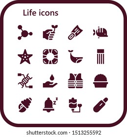 life icon set. 16 filled life icons.  Collection Of - Blood, Eco friendly, Fins, Fish, Starfish, Lifesaver, Whale, Float, Dna, Lifejacket, Plant, Seashell, Snooze, Blood transfusion icons