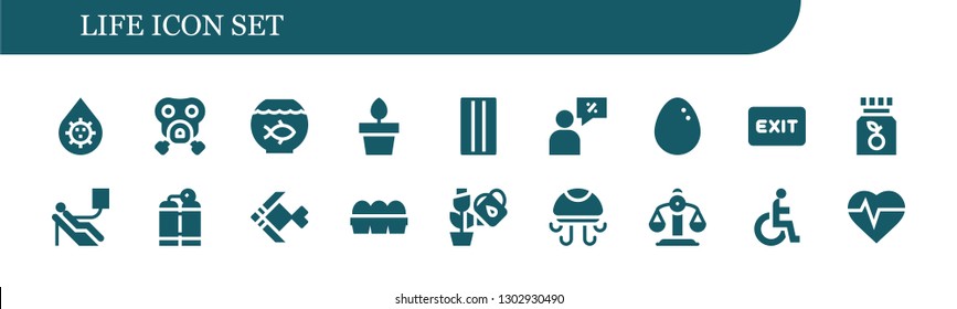  life icon set. 18 filled life icons.  Simple modern icons about  - Blood, Gas mask, Fish bowl, Plants, Inflatable, Salesman, Egg, Exit, Vitamin c, Blood donation, Oxygen tank