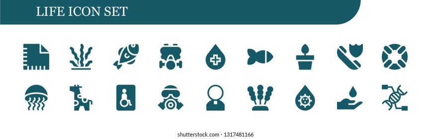 life icon set. 18 filled life icons.  Collection Of - Napkin, Seaweed, Fish, Gas mask, Blood, Plants, Insurance, Lifesaver, Medusa, Giraffe, Wheelchairs, Priest, Dna