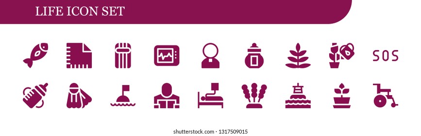 life icon set. 18 filled life icons.  Simple modern icons about  - Fish, Napkin, Inflatable, Electrocardiogram, Priest, Ossuary, Fern, Plant, Sos, Feeding bottle, Fins, Buoy, Reader