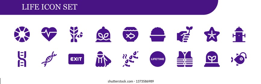 life icon set. 18 filled life icons.  Collection Of - Lifesaver, Heartbeat, Fish, Plant, Fish bowl, Eco friendly, Starfish, Hydrant, Dna, Genetic, Exit, Fins, Shrimp, Lifetime