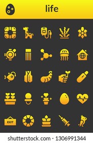 life icon set. 26 filled life icons.  Simple modern icons about  - Lifesaver, Egg, Giraffe, Blood bag, Seaweed, Turtle, Float, Blood, Jellyfish, Home, Anglerfish, Vest, Shrimp