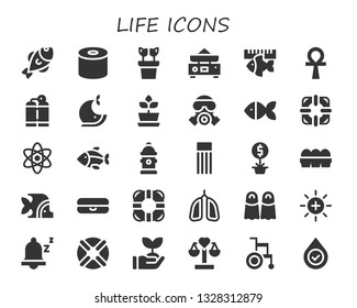 life icon set. 30 filled life icons.  Simple modern icons about  - Fish, Tissue, Plant, Balance, Ankh, Oxygen tank, Whale, Gas mask, Lifesaver, Atom, Hydrant, Float, Eggs, Lungs
