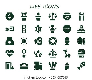 life icon set. 30 filled life icons.  Collection Of - Fishbowl, Plant, Plants, Balance, Fish bowl, Inflatable, Homeless, Dna, Turtle, Lifetime, Buoy, Pregnancy, Esteem, Lifesaver