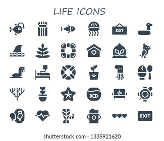 life icon set. 30 filled life icons.  Collection Of - Anglerfish, Inflatable, Fish, Jellyfish, Exit, Rubber ring, Shark, Fern, Lifebuoy, Home, Plant, Parrot, Sea lion, Blood donation