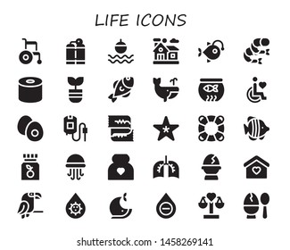 life icon set. 30 filled life icons.  Simple modern icons about  - Wheelchair, Oxygen tank, Float, Home, Anglerfish, Shrimp, Tissue, Plant, Fish, Whale, Fish bowl, Disability