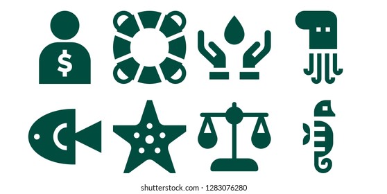  life icon set. 8 filled life icons. Simple modern icons about  - Fish, Salesman, Starfish, Lifesaver, Balance, Blood donation, Seahorse, Octopus