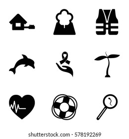 life icon. Set of 9 life filled icons such as plant, search sperm, heartbeat, ribbon on hand, tree, home, lifebuoy, life vest