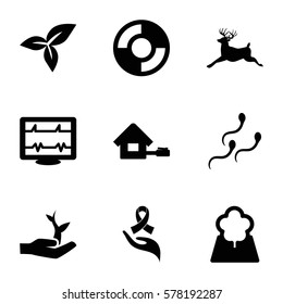 life icon. Set of 9 life filled icons such as deer, heartbeat, leaf, ribbon on hand, sperm, tree, home, lifebuoy