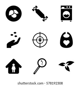 life icon. Set of 9 life filled icons such as plant, leaf, hand with seeds, baby bid, man in home, search sperm, dna, washing machine