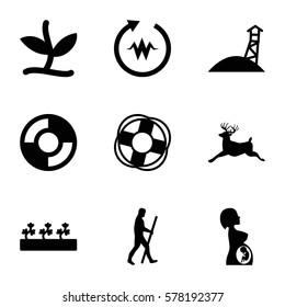 life icon. Set of 9 life filled icons such as deer, sprout plants, pregnant woman, lifebuoy, plant, caveman, observation military tower