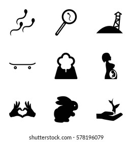 life icon. Set of 9 life filled icons such as rabbit, heart tag, search sperm, pregnant woman, sperm, tree, skateboard, plant on hand