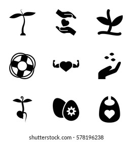 life icon. Set of 9 life filled icons such as plant, hand with seeds, baby bid, sprout, heart with muscles, hands holding heart, easter egg