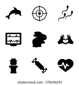 life icon. Set of 9 life filled icons such as rabbit, heartbeat, heart tag, dna, sperm, cactus, skate board