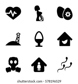 life icon. Set of 9 life filled icons such as man in home, heartbeat, pregnant woman, sperm, easter egg, egg, eco house, gas mask