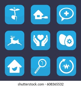 Life icon. set of 9 filled life icons such as deer, sprout, hands holding heart, search sperm, medical cross, easter egg, eco house, home