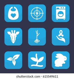 Life icon. set of 9 filled life icons such as rabbit, giraffe, baby bid, sprout, leaf, dna, ribbon on hand, washing machine