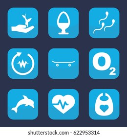 Life icon. set of 9 filled life icons such as baby bib, heartbeat, sperm, egg, skateboard, plant on hand, dolphin