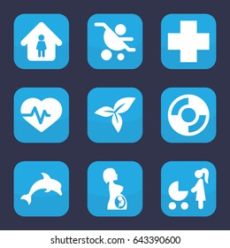 Life icon. set of 9 filled life icons such as man in home, heartbeat, leaf, medical cross, pregnant woman, lifebuoy, dolphin, woman with baby carriage