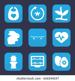 Life icon. set of 9 filled life icons such as rabbit, baby bid, heartbeat, cactus, easter egg, skateboard