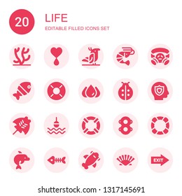 life icon set. Collection of 20 filled life icons included Coral, Blood, Parrot, Shrimp, Gas mask, Fish, Lifebuoy, Ladybird, Insurance, Manta ray, Buoy, Lifesaver, Floats, Dolphin