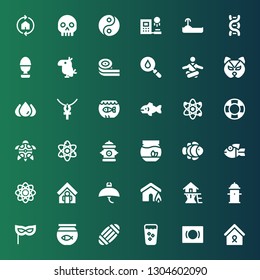 life icon set. Collection of 36 filled life icons included Home, Mask, Fresh, Masks, Fish bowl, Hydrant, Tree house, Insurance, Manta ray, Atom, Fish, Clown fish, Fishbowl, Turtle