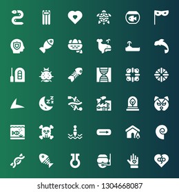 life icon set. Collection of 36 filled life icons included Broken heart, Voluntary, Diver, Life, Fish bone, Dna, Seashell, Insurance, Exit, Buoy, Skull, Aquarium, Mask, Eco, Pollution