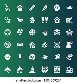 life icon set. Collection of 36 filled life icons included Pollution, Aquarium, Mask, Meditation, Dolphin, Manta ray, Shrimp, Fish, Seashell, Skull, Dummy, Gas mask, Sleep, Dna