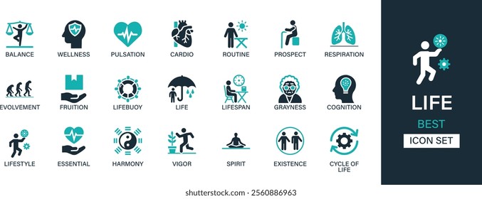 Life icon set collection. Balance, wellness, pulsation, cardio, routine, prospect, respiration, evolvement, fruition, lifebuoy, life and best solid icon set.