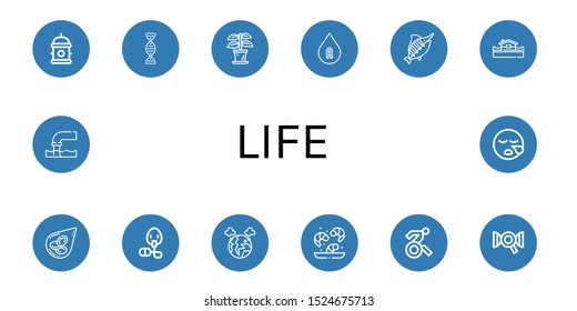 life icon set. Collection of Hydrant, Dna, Plant, Blood type, Marlin, Flood, Blood cells, Oxygen mask, Pollution, Shrimp, Disabled, Sleeping icons