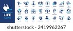 Life icon set. Containing lifespan, soul, vitality, life insurance, wellness, existence, pulse, harmony and more. Solid vector icons collection.