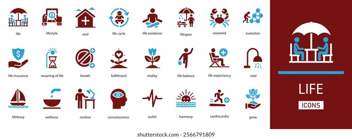 Life icon set featuring wellness, growth, lifestyle, balance, health, motivation, emotions, and daily living symbols for personal and creative projects.
