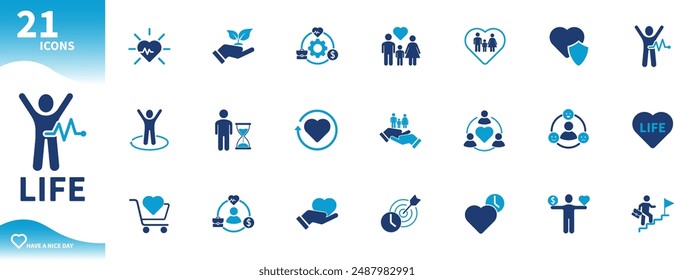 Life icon. Set of icons to balance life, health, heart, insurance, longevity, time. Solid vector icons.