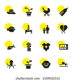 life icons. Editable 16 life icons. Included icons such as Fish, Sleeping, Plant, Octopus, Cardiogram, Baby body, Growth, Broken heart, Walking, Wake up. life trendy icons for web.
