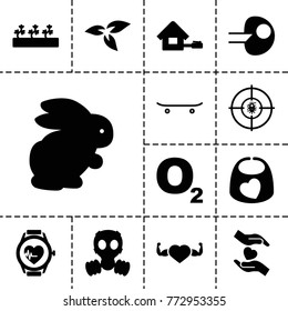 Life icons. set of 13 editable filled life icons such as plant, rabbit, o2 oxygen, sprout plants, heart with muscles, core, hands holding heart, dna, heartbeat watch, home