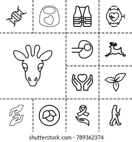 Life icons. set of 13 editable outline life icons such as leaf, deer, core, hands holding heart, dna, ribbon on hand, heartbeat watch, life vest, caveman, hand with seeds