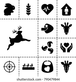 Life icons. set of 13 editable filled life icons such as rabbit, giraffe, heartbeat, plant, sprout plants, hands holding heart, dna, deer, baby bid, man in home