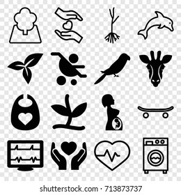 Life icons set. set of 16 life filled and outline icons such as giraffe, parrot, baby bid, heartbeat, leaf, hands holding heart, pregnant woman, plant, sprout, tree