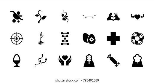 Life icons. set of 18 editable filled life icons: baby carriage, sprout, heart with muscles, dna, hands holding heart, heart tag, medical cross, sperm, easter egg, tree
