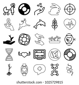 Life icons. set of 25 editable outline life icons such as lifebuoy, plant on hand, hand with seeds, woman with baby carriage, sprout, heartbeat, heart with muscles, plant, dna