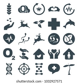 Life icons. set of 25 editable filled life icons such as plant, hand with seeds, deer, man in home, o2 oxygen, heartbeat, dna, hands holding heart, sperm, eco house, dolphin