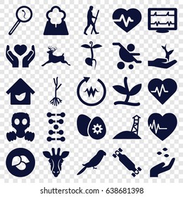 Life icons set. set of 25 life filled icons such as leaf, hand with seeds, giraffe, parrot, deer, sprout, heartbeat, hands holding heart, search sperm, easter egg, tree