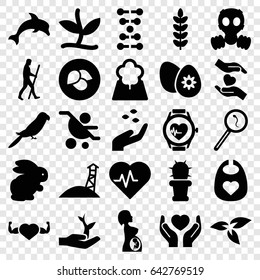 Life icons set. set of 25 life filled icons such as plant, leaf, rabbit, hand with seeds, parrot, baby bid, heart with muscles, hands holding heart, search sperm