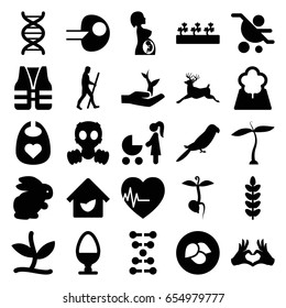 Life icons set. set of 25 life filled icons such as plant, leaf, rabbit, parrot, deer, baby bid, sprout plants, sprout, heart tag, dna, heartbeat, pregnant woman, tree, egg